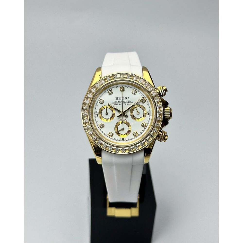 Custom Seiko Mod • Double Diamond White Gold Daytona Quartz Chronograph • 39.5mm
